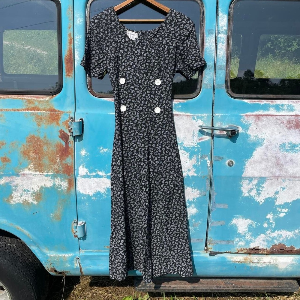 90s S. Roberts ditsy 100% rayon jumpsuit wide leg tie back waist